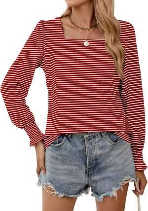 Sherosa Womens Puff Long Sleeve Square Neck Tops Ruffle Cuffs Dressy Casual Loose Fit Shirts Fall Fashion Blouses
