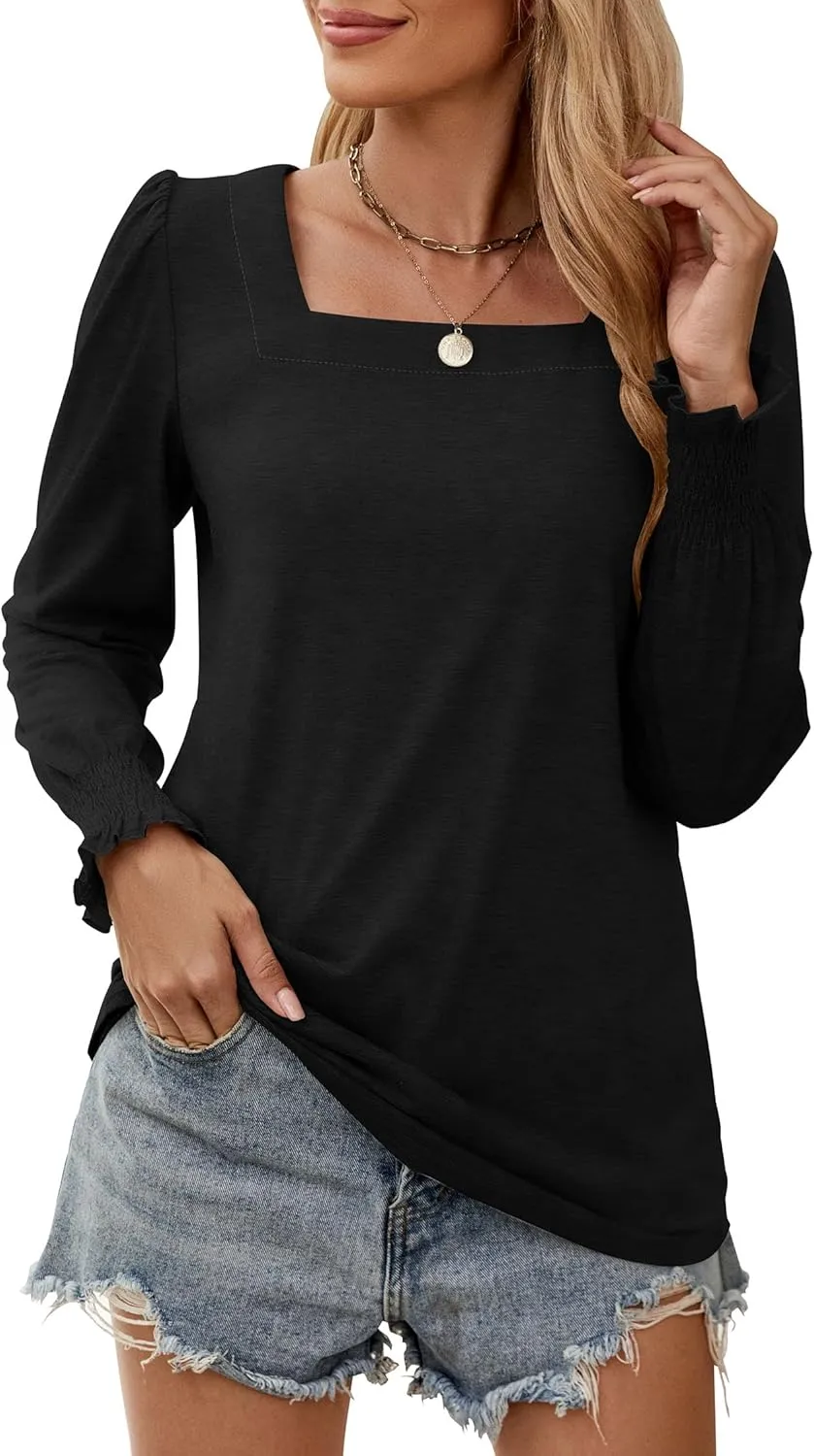 Sherosa Womens Puff Long Sleeve Square Neck Tops Ruffle Cuffs Dressy Casual Loose Fit Shirts Fall Fashion Blouses