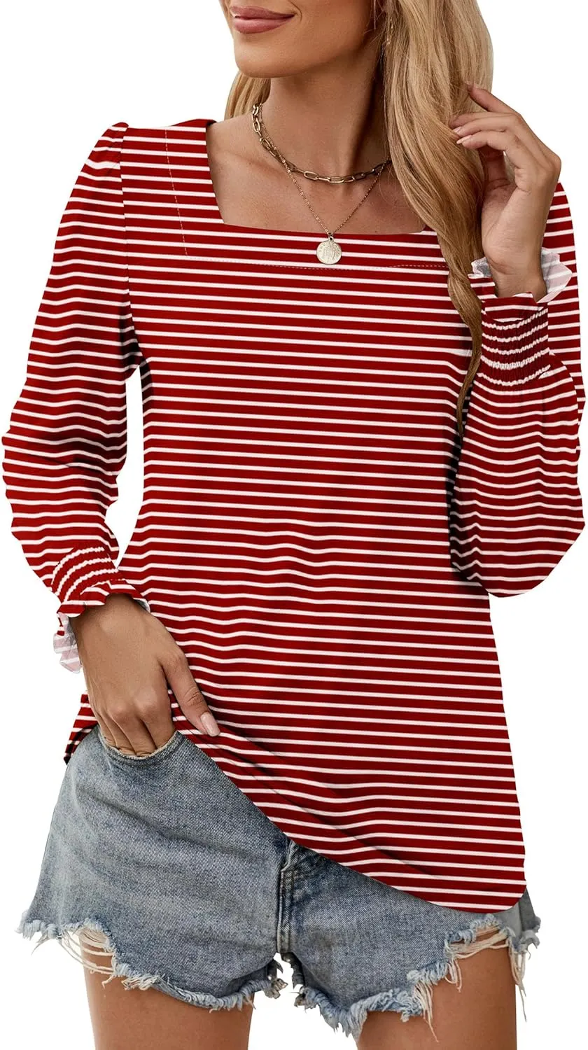 Sherosa Womens Puff Long Sleeve Square Neck Tops Ruffle Cuffs Dressy Casual Loose Fit Shirts Fall Fashion Blouses