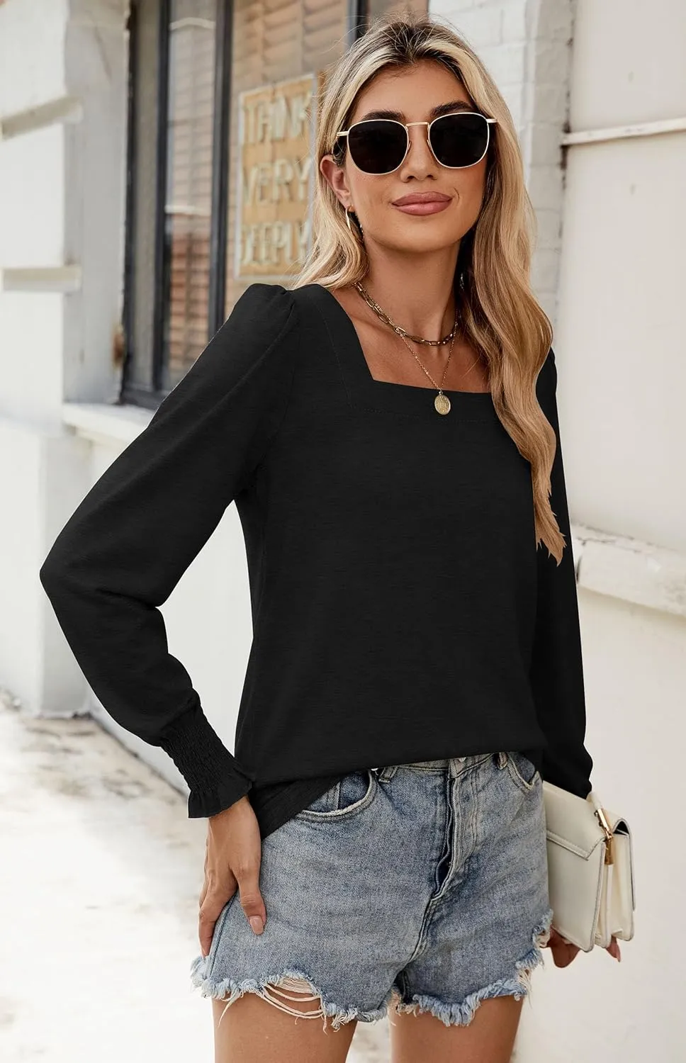 Sherosa Womens Puff Long Sleeve Square Neck Tops Ruffle Cuffs Dressy Casual Loose Fit Shirts Fall Fashion Blouses