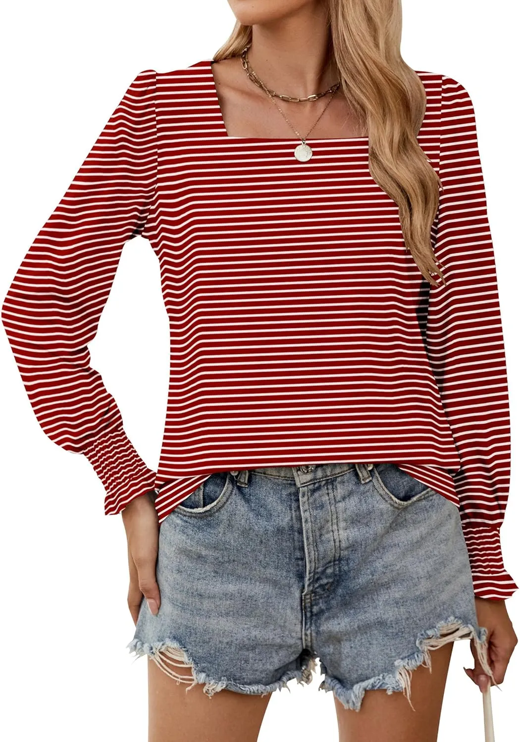 Sherosa Womens Puff Long Sleeve Square Neck Tops Ruffle Cuffs Dressy Casual Loose Fit Shirts Fall Fashion Blouses