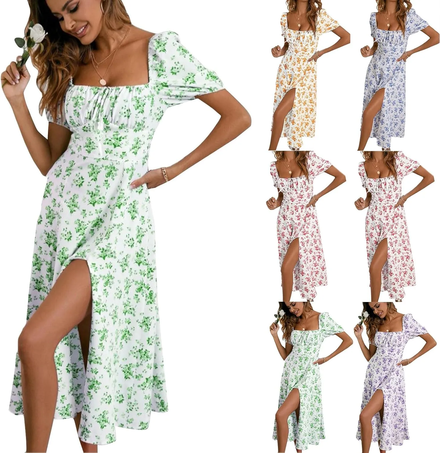 Summer Dresses for Women 2025 Puff Sleeve Square Neck Tie Front Milkmaid Dress Corset Slit Tight Midi Floral Sundress