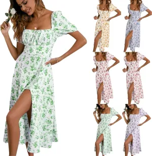 Summer Dresses for Women 2025 Puff Sleeve Square Neck Tie Front Milkmaid Dress Corset Slit Tight Midi Floral Sundress
