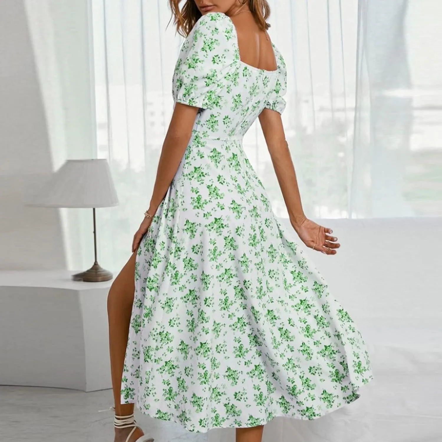 Summer Dresses for Women 2025 Puff Sleeve Square Neck Tie Front Milkmaid Dress Corset Slit Tight Midi Floral Sundress