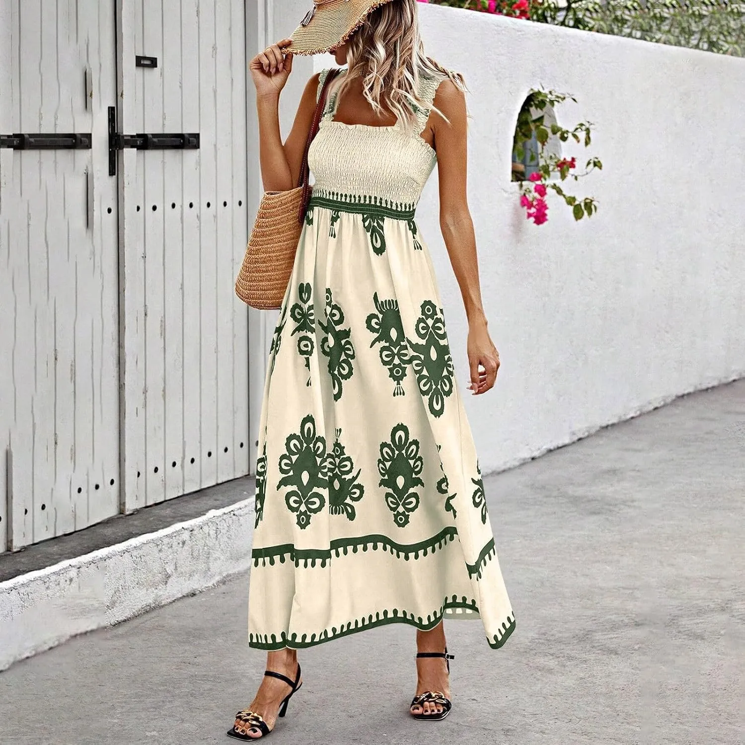 Sundresses for Women,2025 Summer Trendy Floral Smocked Maxi Dress,Sleeveless Square Neck Flowy Boho Vacation Dress