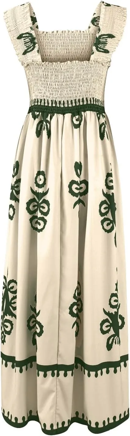 Sundresses for Women,2025 Summer Trendy Floral Smocked Maxi Dress,Sleeveless Square Neck Flowy Boho Vacation Dress