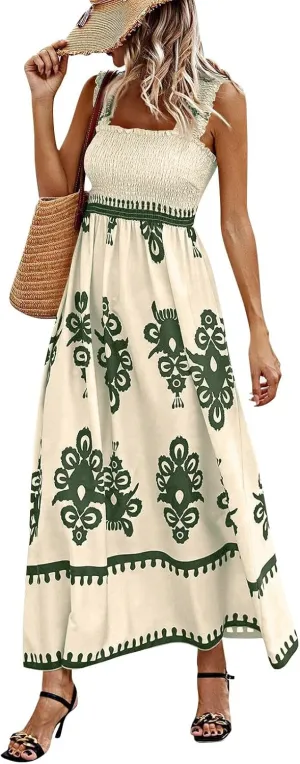 Sundresses for Women,2025 Summer Trendy Floral Smocked Maxi Dress,Sleeveless Square Neck Flowy Boho Vacation Dress