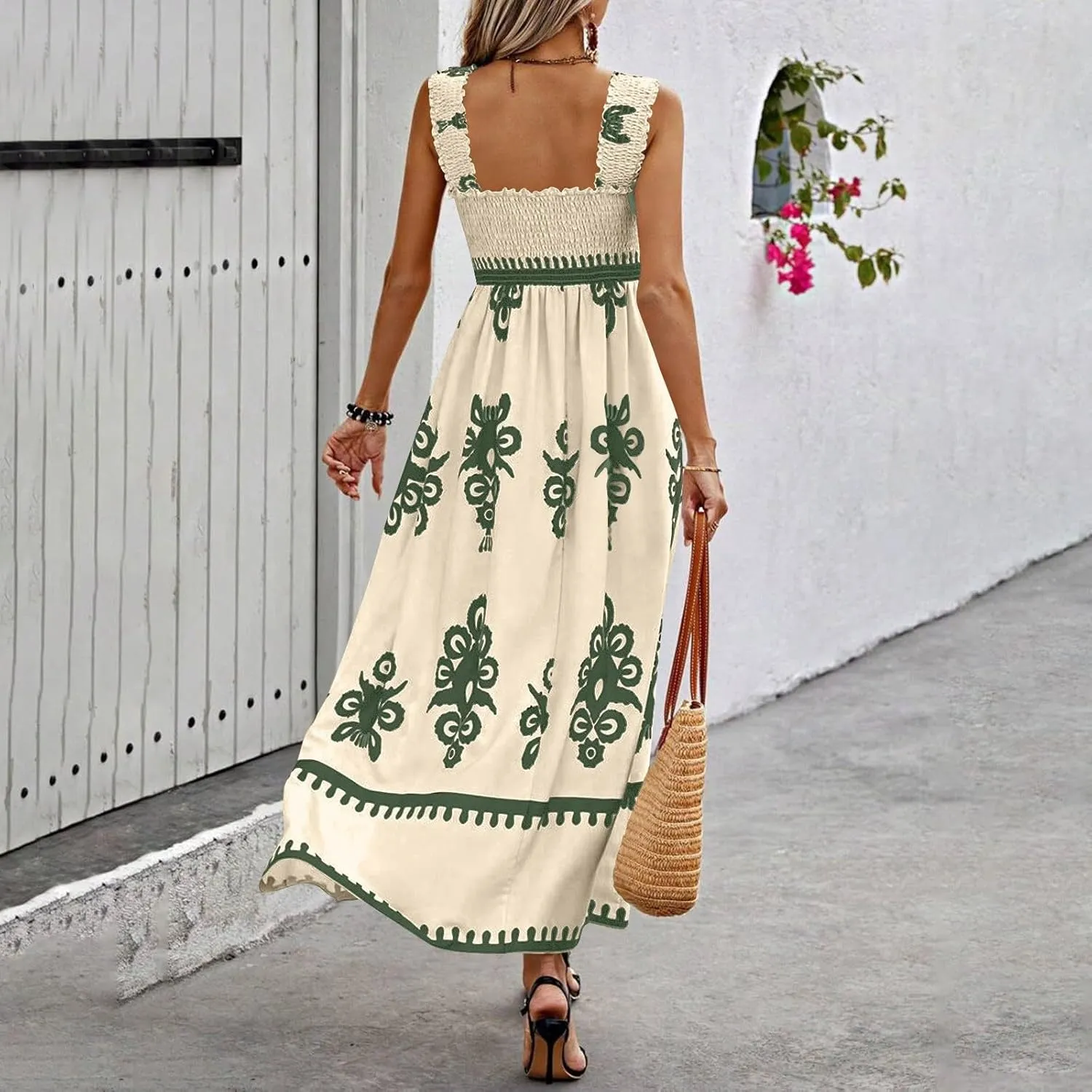 Sundresses for Women,2025 Summer Trendy Floral Smocked Maxi Dress,Sleeveless Square Neck Flowy Boho Vacation Dress