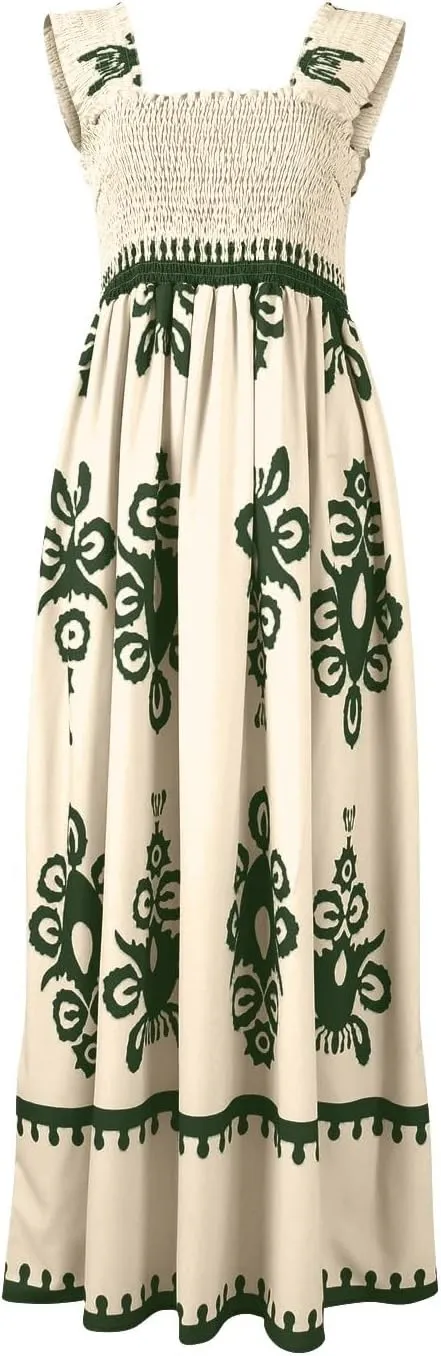 Sundresses for Women,2025 Summer Trendy Floral Smocked Maxi Dress,Sleeveless Square Neck Flowy Boho Vacation Dress