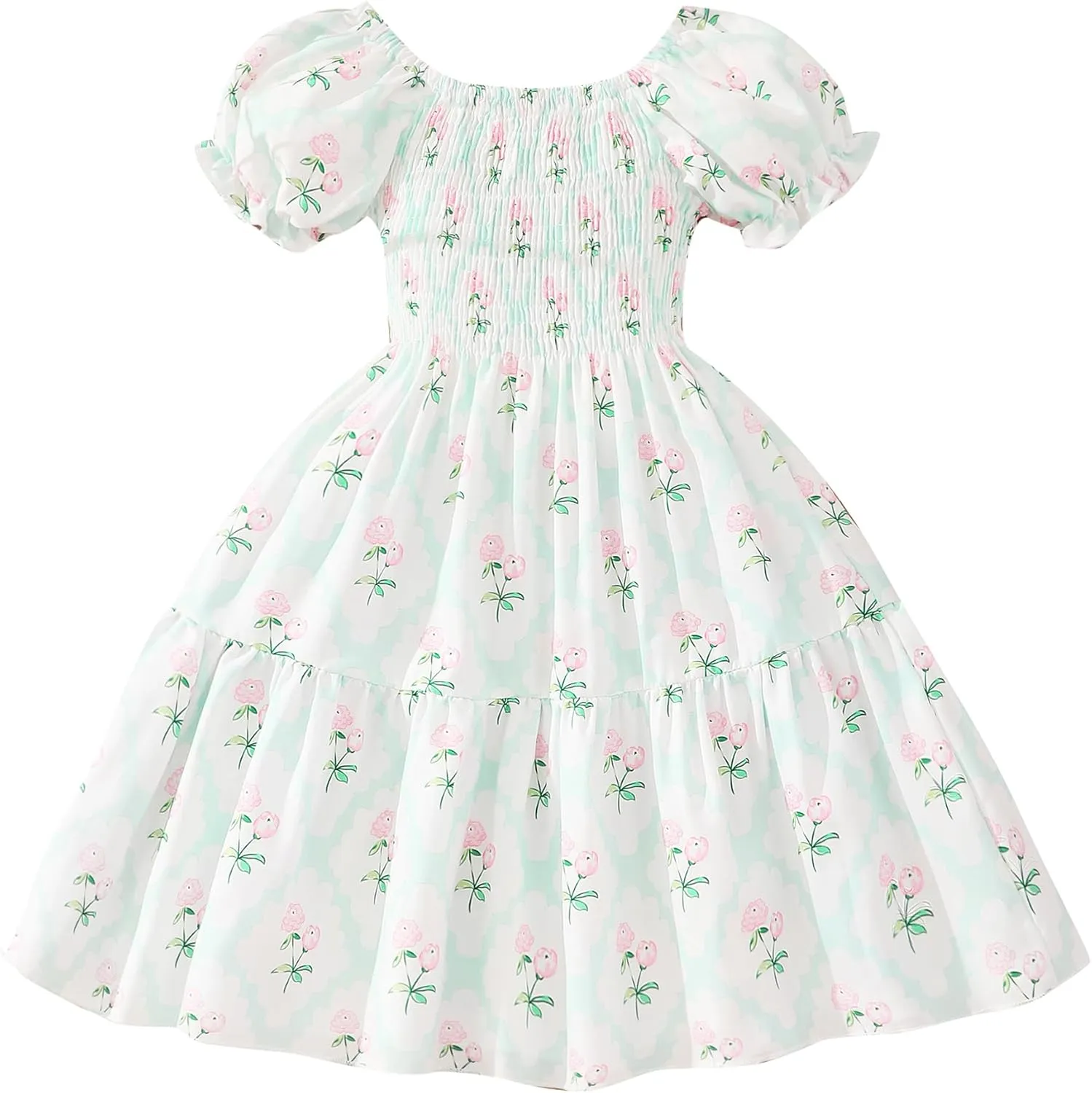 Toddler Baby Girls Summer Floral Dress Kids Puff Sleeve Square Neck Smocked Flowy Sun Dresses 2-8 Years