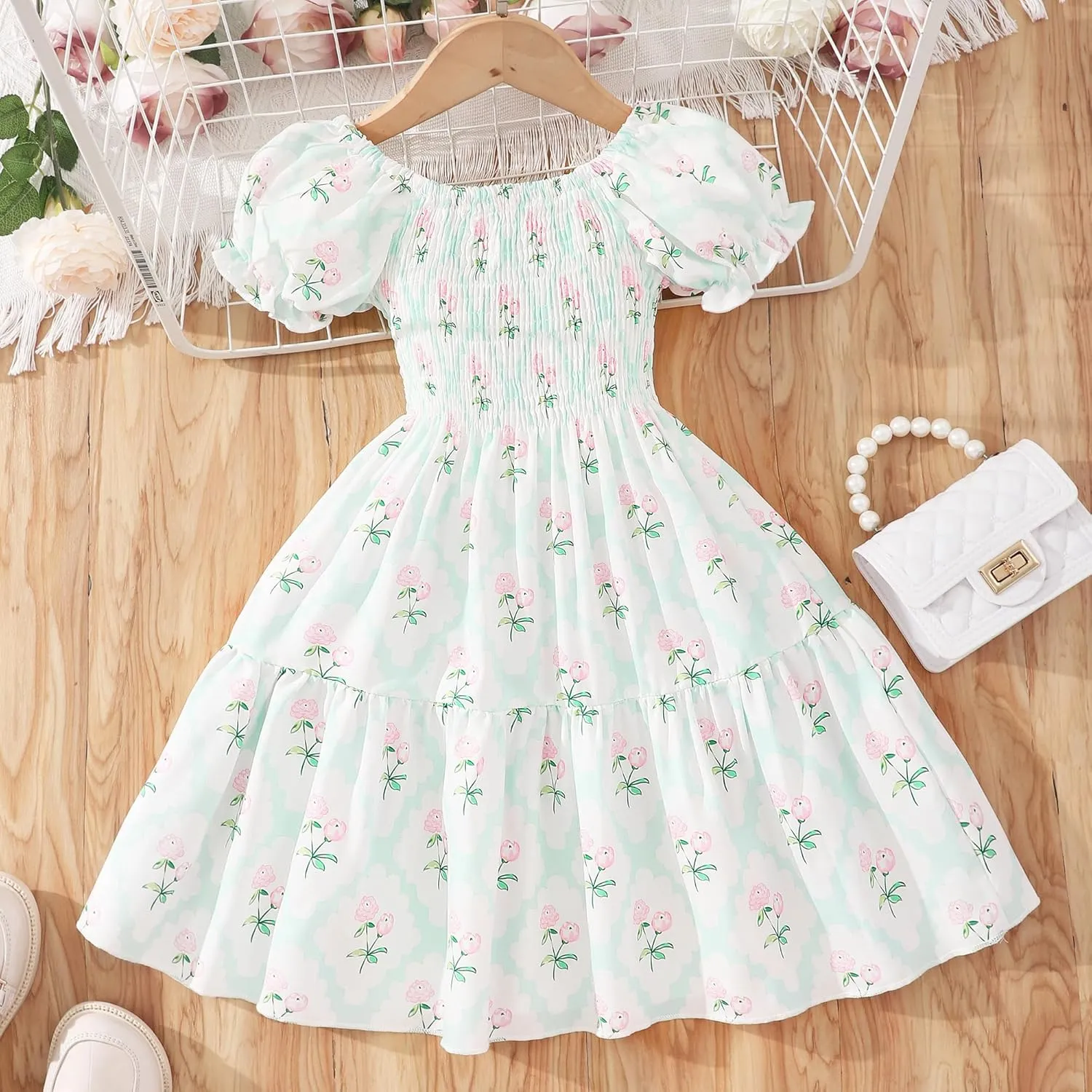 Toddler Baby Girls Summer Floral Dress Kids Puff Sleeve Square Neck Smocked Flowy Sun Dresses 2-8 Years