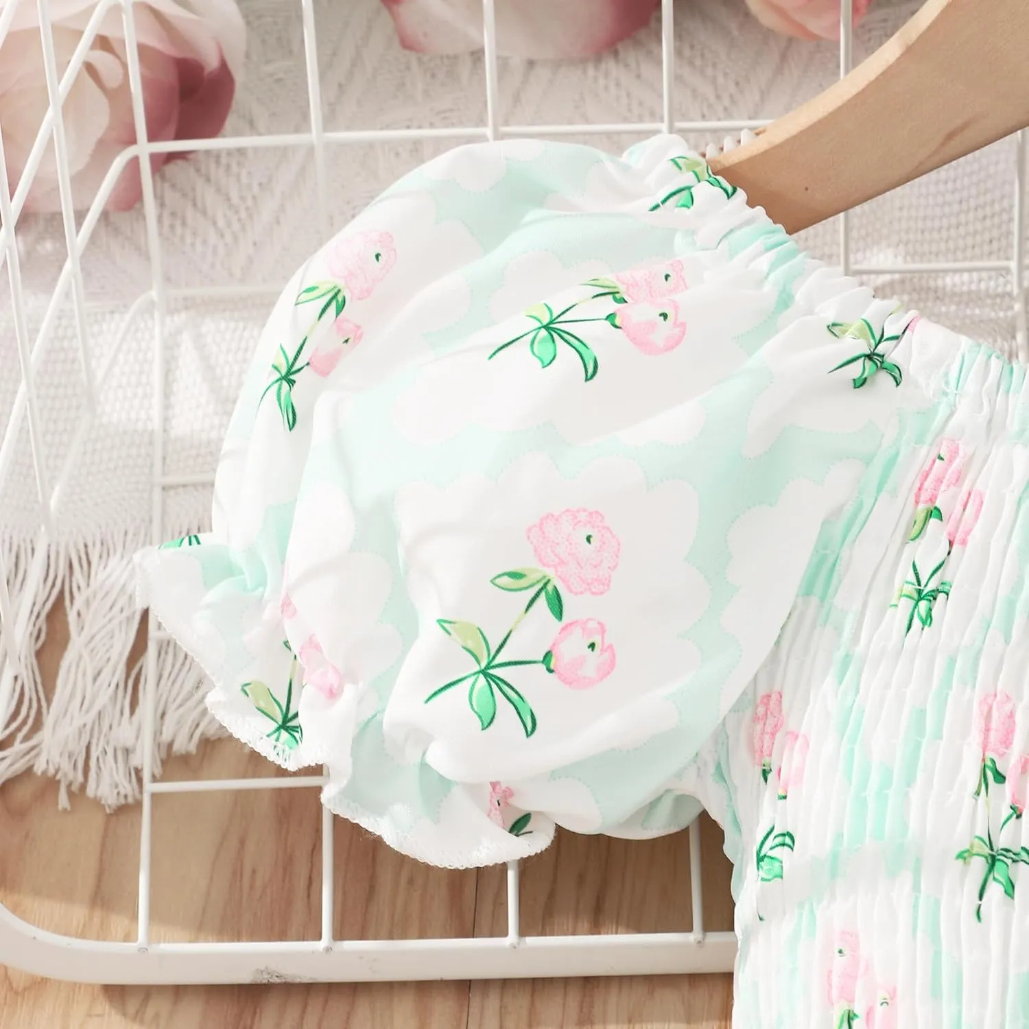 Toddler Baby Girls Summer Floral Dress Kids Puff Sleeve Square Neck Smocked Flowy Sun Dresses 2-8 Years