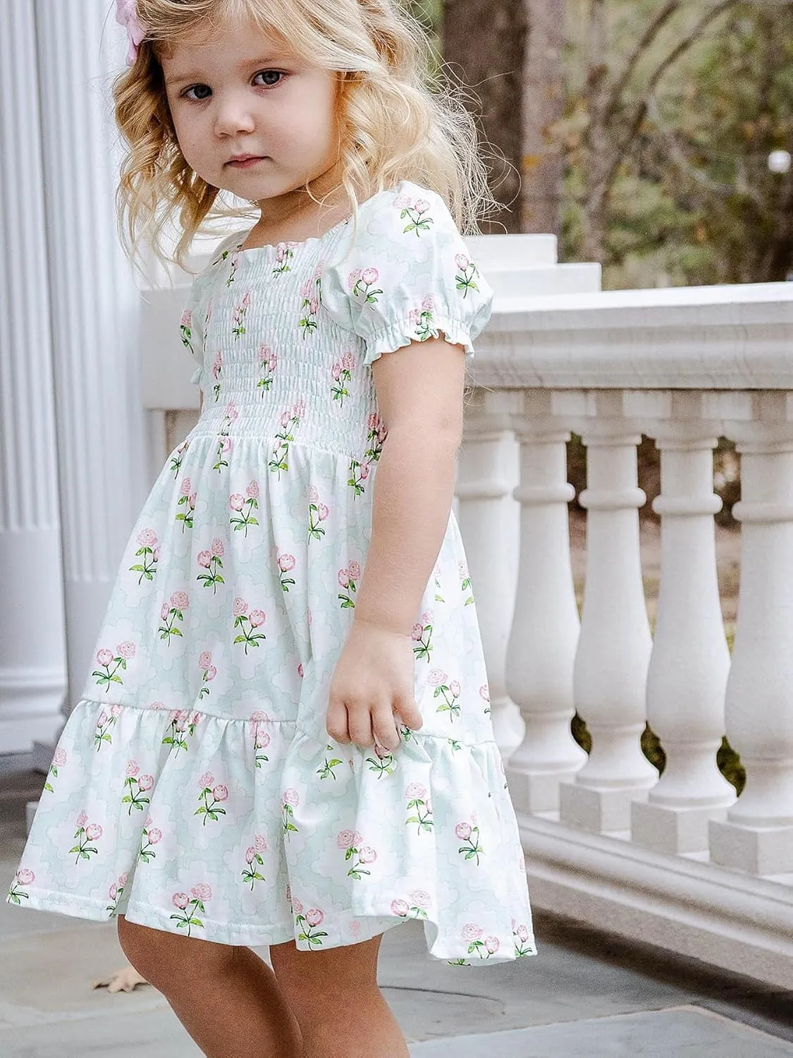 Toddler Baby Girls Summer Floral Dress Kids Puff Sleeve Square Neck Smocked Flowy Sun Dresses 2-8 Years