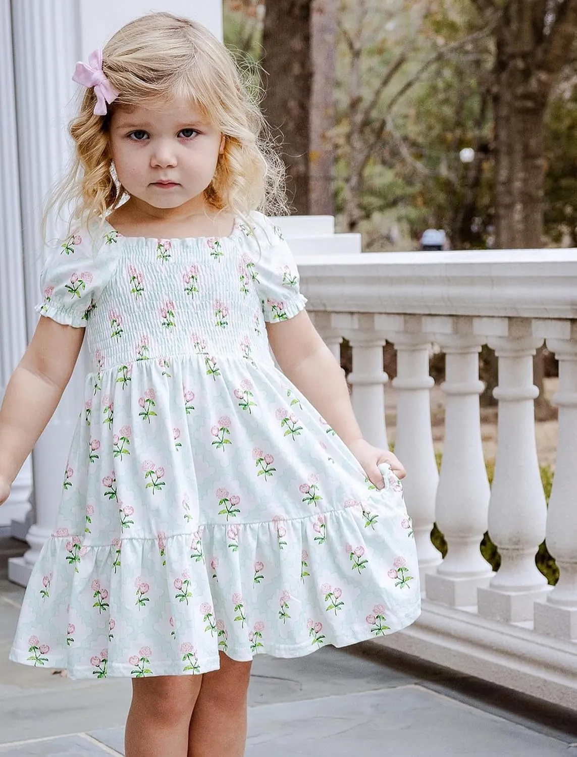 Toddler Baby Girls Summer Floral Dress Kids Puff Sleeve Square Neck Smocked Flowy Sun Dresses 2-8 Years