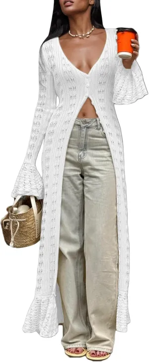 Unybwonn Women Cropped Cardigan Sweater Bell Long Sleeve Knit Crochet Cardigan Crop Top Casual Hollow Out Bolero Shrug