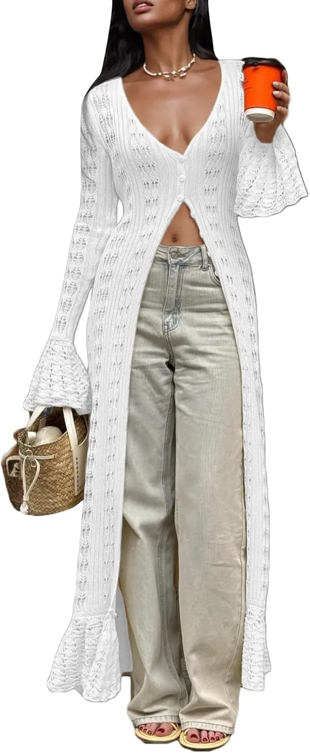 Unybwonn Women Cropped Cardigan Sweater Bell Long Sleeve Knit Crochet Cardigan Crop Top Casual Hollow Out Bolero Shrug