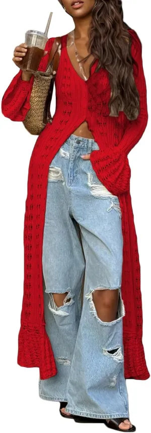 Unybwonn Women Cropped Cardigan Sweater Bell Long Sleeve Knit Crochet Cardigan Crop Top Casual Hollow Out Bolero Shrug