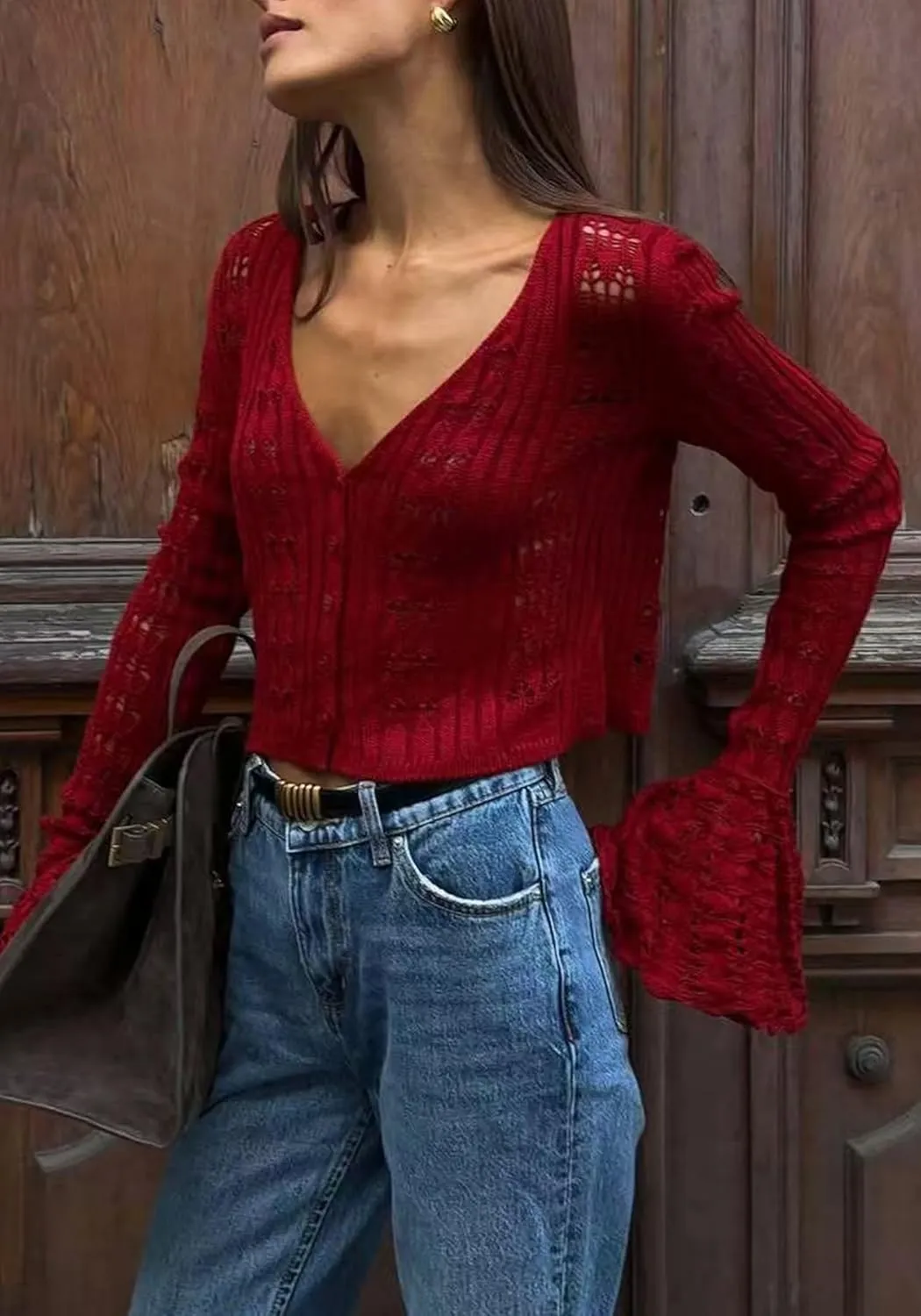 Unybwonn Women Cropped Cardigan Sweater Bell Long Sleeve Knit Crochet Cardigan Crop Top Casual Hollow Out Bolero Shrug