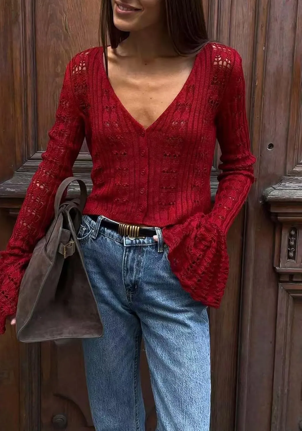 Unybwonn Women Cropped Cardigan Sweater Bell Long Sleeve Knit Crochet Cardigan Crop Top Casual Hollow Out Bolero Shrug