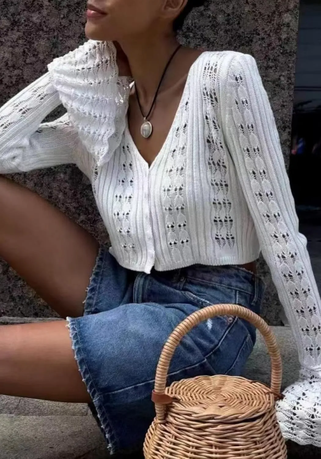 Unybwonn Women Cropped Cardigan Sweater Bell Long Sleeve Knit Crochet Cardigan Crop Top Casual Hollow Out Bolero Shrug