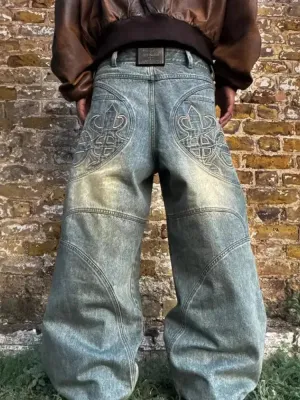 Wiaofellas  -   fall outfits Button Multiple Pockets Wash Jeans Men's Spring Autumn New Retro High Street Hip-hop Casual Loose Straight Wide Leg Denim Pants