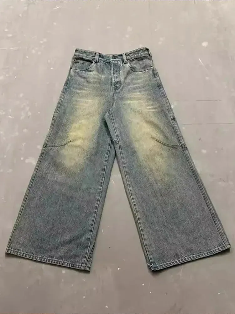Wiaofellas  -   fall outfits Button Multiple Pockets Wash Jeans Men's Spring Autumn New Retro High Street Hip-hop Casual Loose Straight Wide Leg Denim Pants