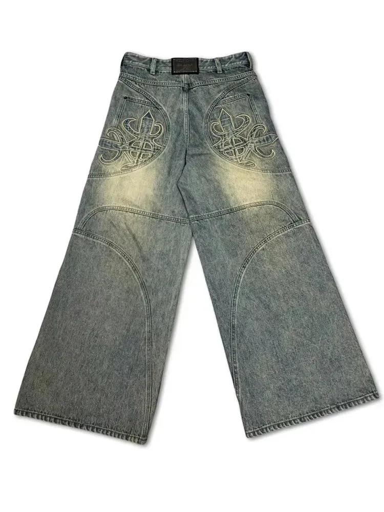 Wiaofellas  -   fall outfits Button Multiple Pockets Wash Jeans Men's Spring Autumn New Retro High Street Hip-hop Casual Loose Straight Wide Leg Denim Pants