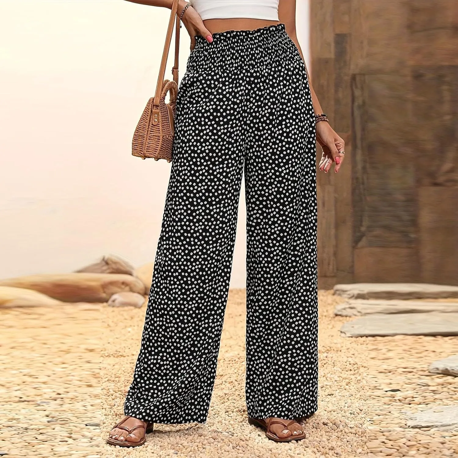 Wide Leg Linen Pants for Women Casual Summer Boho Flowy Palazzo Pants Y2k Baggy High Waist Pleated Travel Beach Pant