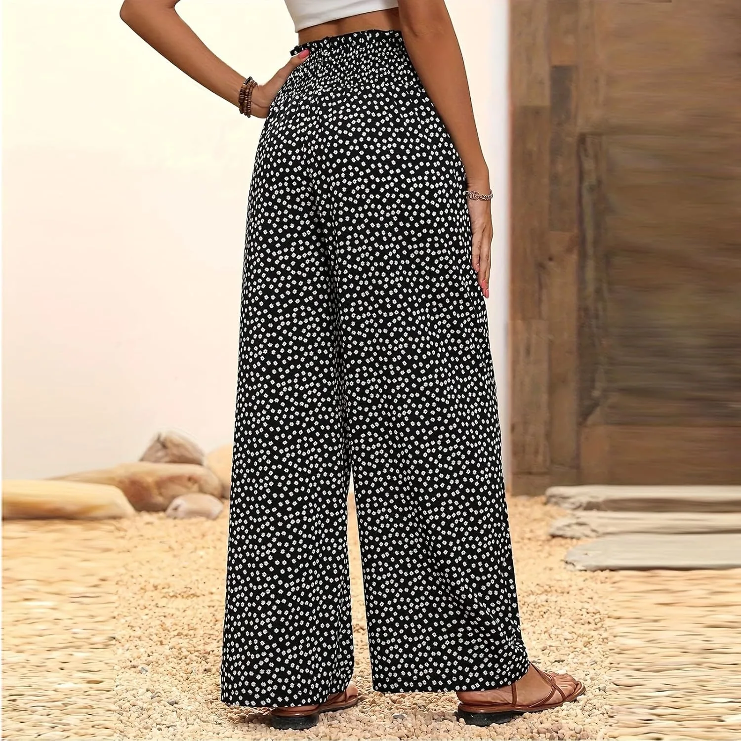 Wide Leg Linen Pants for Women Casual Summer Boho Flowy Palazzo Pants Y2k Baggy High Waist Pleated Travel Beach Pant