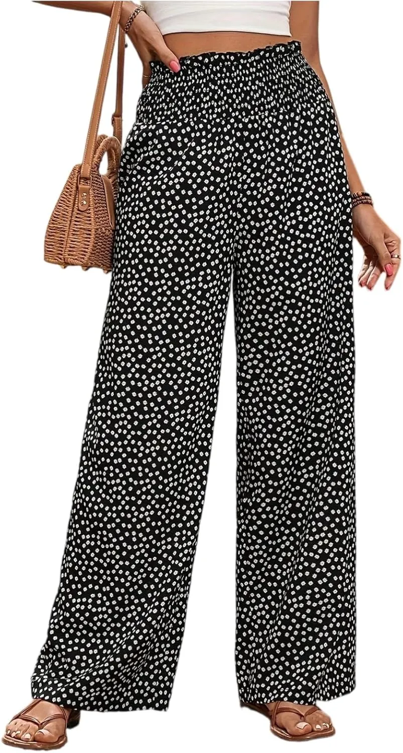 Wide Leg Linen Pants for Women Casual Summer Boho Flowy Palazzo Pants Y2k Baggy High Waist Pleated Travel Beach Pant
