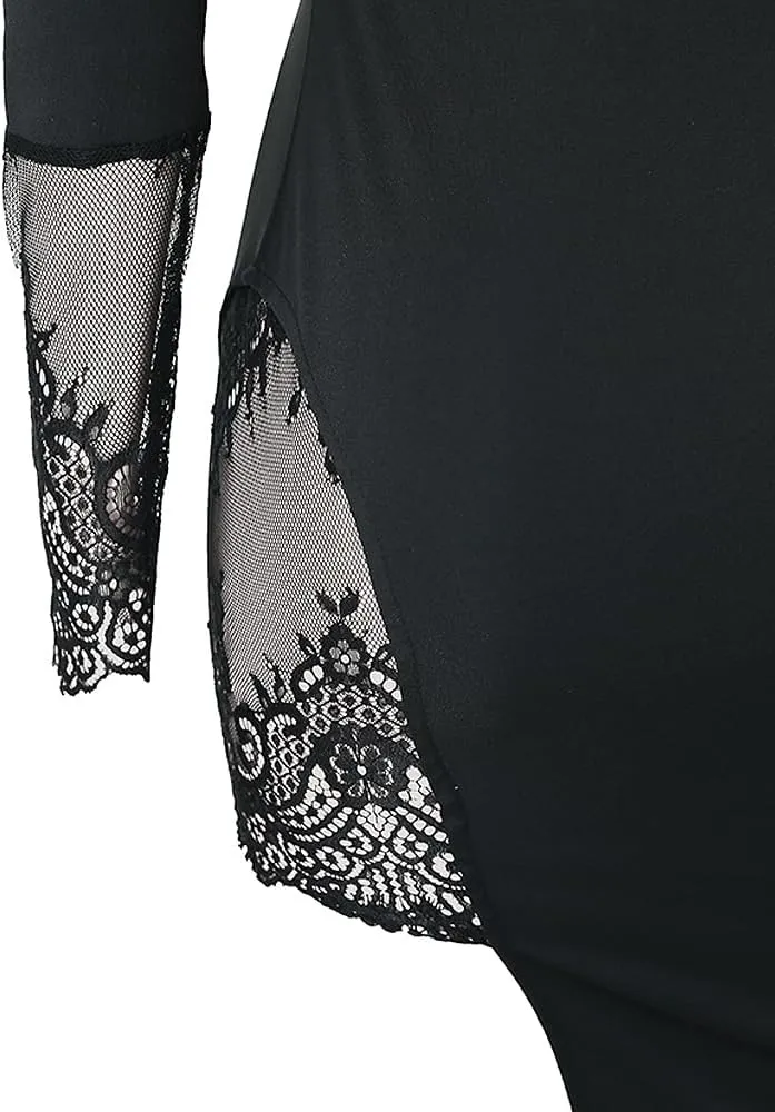 Women Sexy Elegant One Shoulder Bodycon Dress Lace Insert Long Sleeve Cocktail Dress Party Split Midi Dress