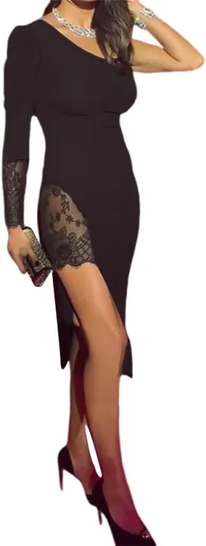 Women Sexy Elegant One Shoulder Bodycon Dress Lace Insert Long Sleeve Cocktail Dress Party Split Midi Dress