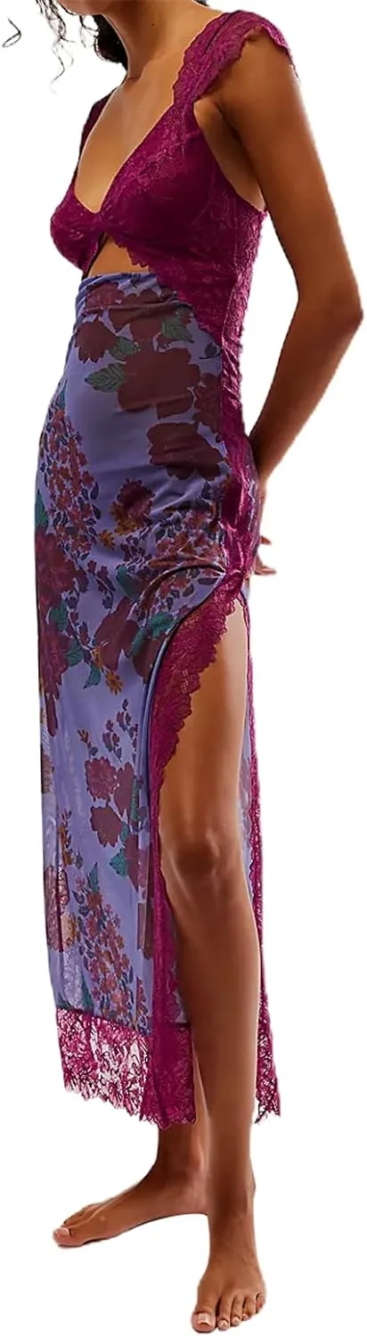 Women Sleeveless Maxi Dress Y2K Backless Bodycon Floral Printed Spaghetti Strap Long Dress Summer Lace Cutout Dress