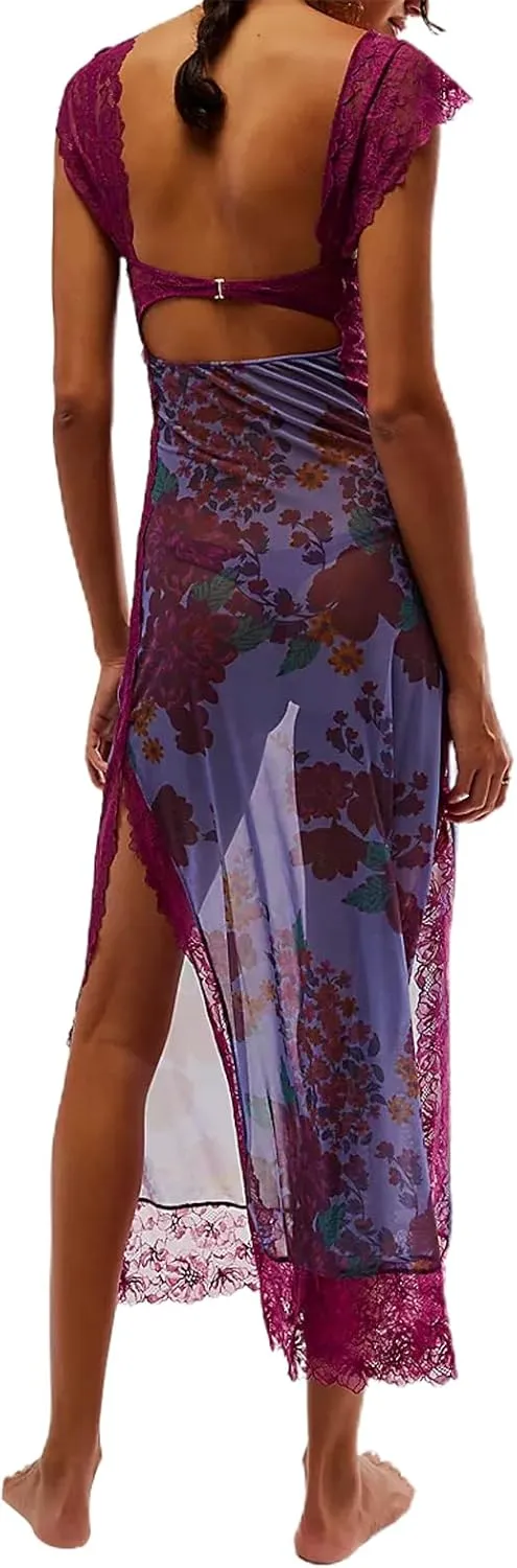Women Sleeveless Maxi Dress Y2K Backless Bodycon Floral Printed Spaghetti Strap Long Dress Summer Lace Cutout Dress