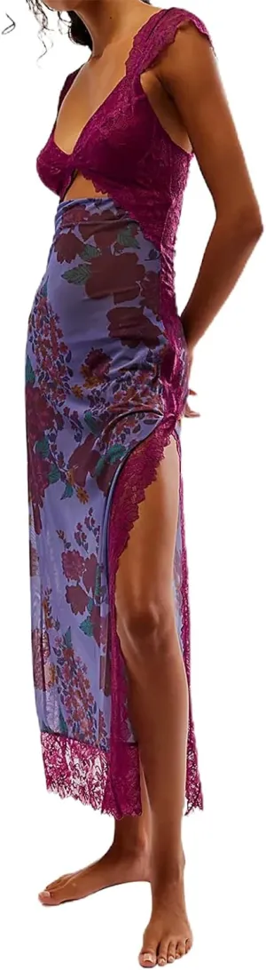 Women Sleeveless Maxi Dress Y2K Backless Bodycon Floral Printed Spaghetti Strap Long Dress Summer Lace Cutout Dress