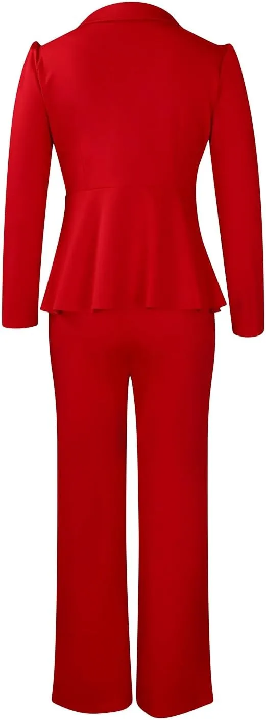 Women Suit Jacket 2 Piece Ruffle Blazer with Wide Leg Pants Suit Long Sleeve Business Casual Outfits