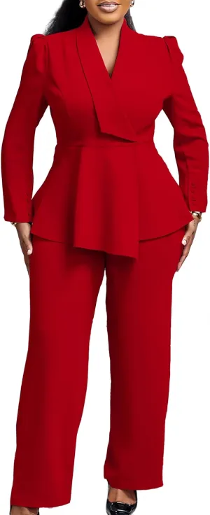 Women Suit Jacket 2 Piece Ruffle Blazer with Wide Leg Pants Suit Long Sleeve Business Casual Outfits