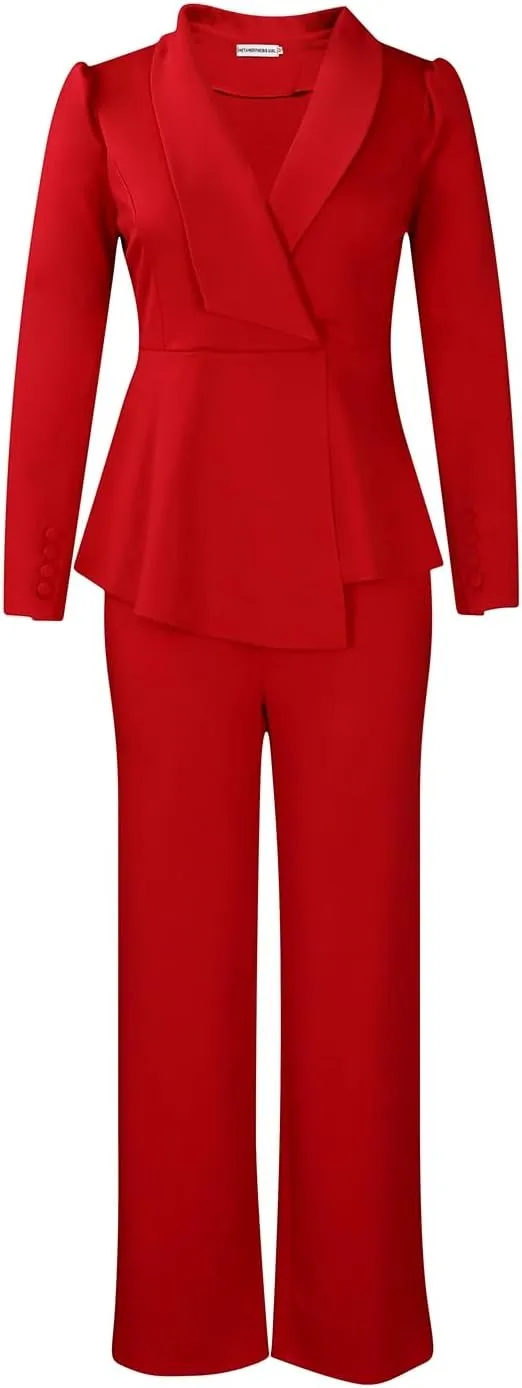 Women Suit Jacket 2 Piece Ruffle Blazer with Wide Leg Pants Suit Long Sleeve Business Casual Outfits