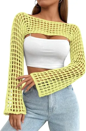 Womens Crochet Shrug Y2K Hollow Out Bolero Shrug See Through Cropped Knit Sweater Top