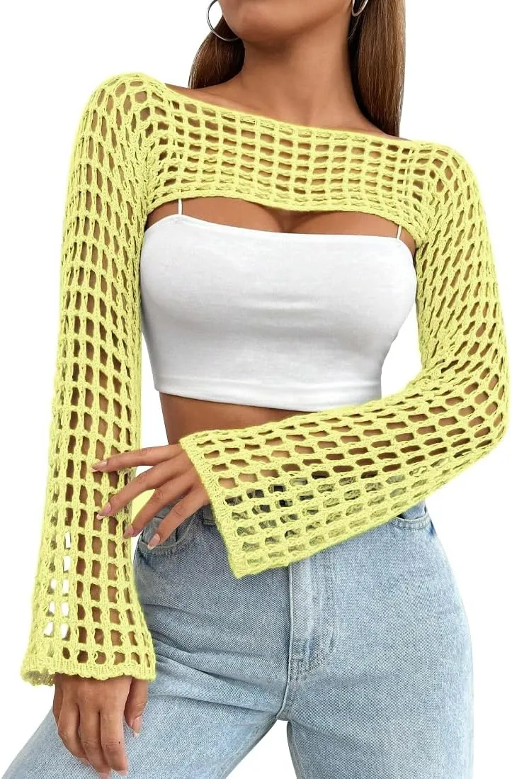 Womens Crochet Shrug Y2K Hollow Out Bolero Shrug See Through Cropped Knit Sweater Top