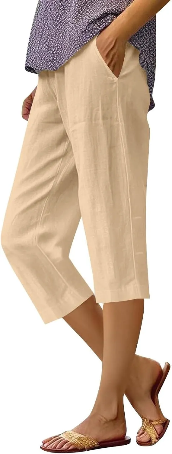 Women's Cropped Loose Pants Solid Color Casual Summer Trousers Comfortable Lightweight Lounge Wear