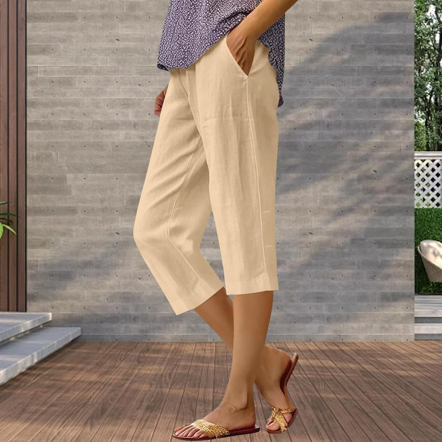 Women's Cropped Loose Pants Solid Color Casual Summer Trousers Comfortable Lightweight Lounge Wear
