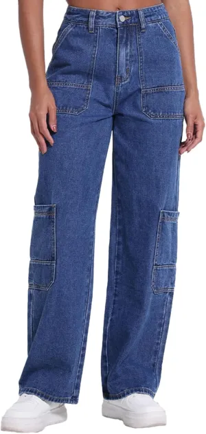 Women's Mid Rise Cargo Jeans Y2k Straight Leg Baggy Jeans Trendy Women's Wide Leg Denim Pants