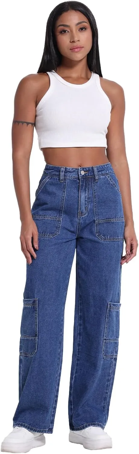 Women's Mid Rise Cargo Jeans Y2k Straight Leg Baggy Jeans Trendy Women's Wide Leg Denim Pants