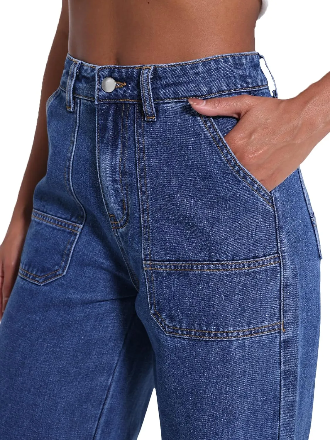 Women's Mid Rise Cargo Jeans Y2k Straight Leg Baggy Jeans Trendy Women's Wide Leg Denim Pants
