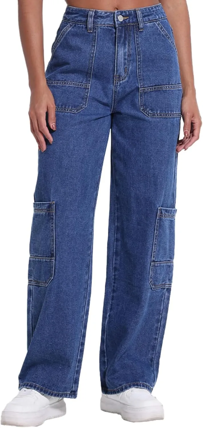 Women's Mid Rise Cargo Jeans Y2k Straight Leg Baggy Jeans Trendy Women's Wide Leg Denim Pants