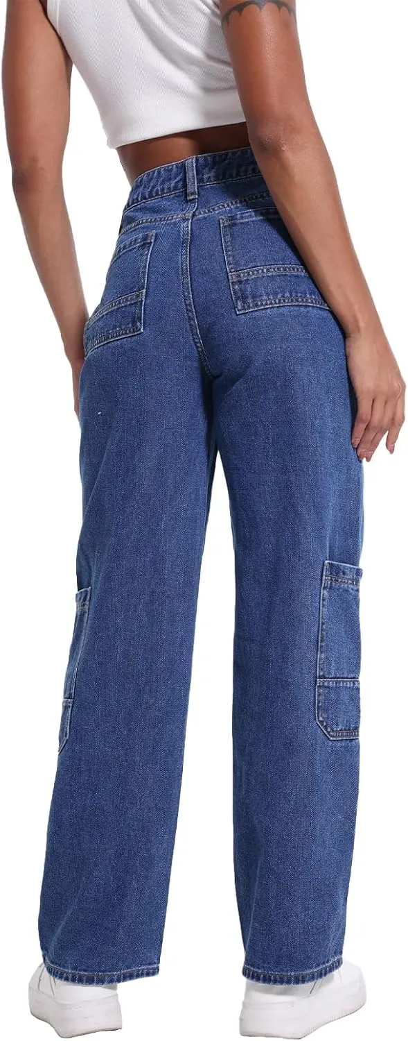 Women's Mid Rise Cargo Jeans Y2k Straight Leg Baggy Jeans Trendy Women's Wide Leg Denim Pants