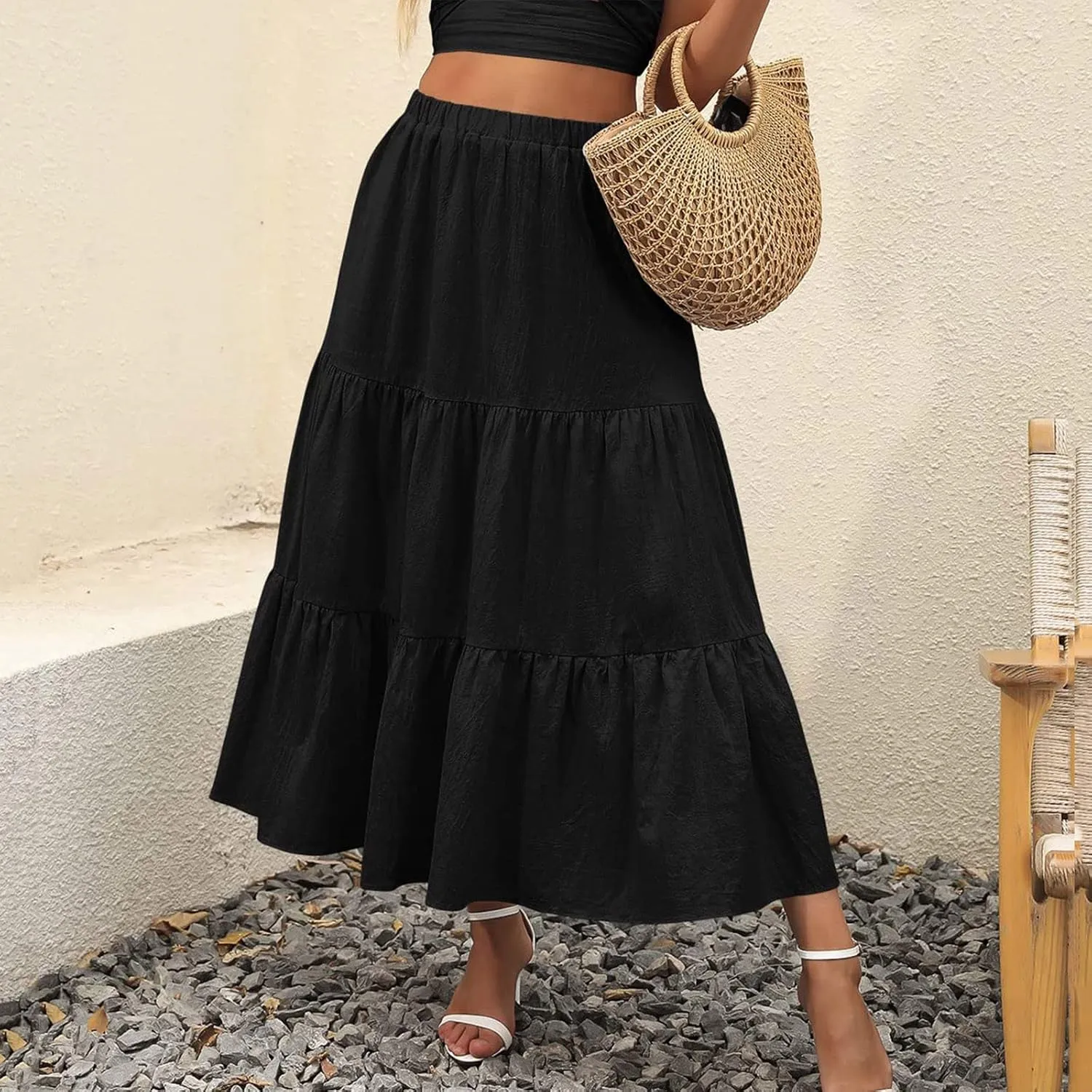 Women's Solid Color Long Skirt Elastic High Waist Pleated Maxi Skirt A Line Flowy Swing Tiered Beach Skirt