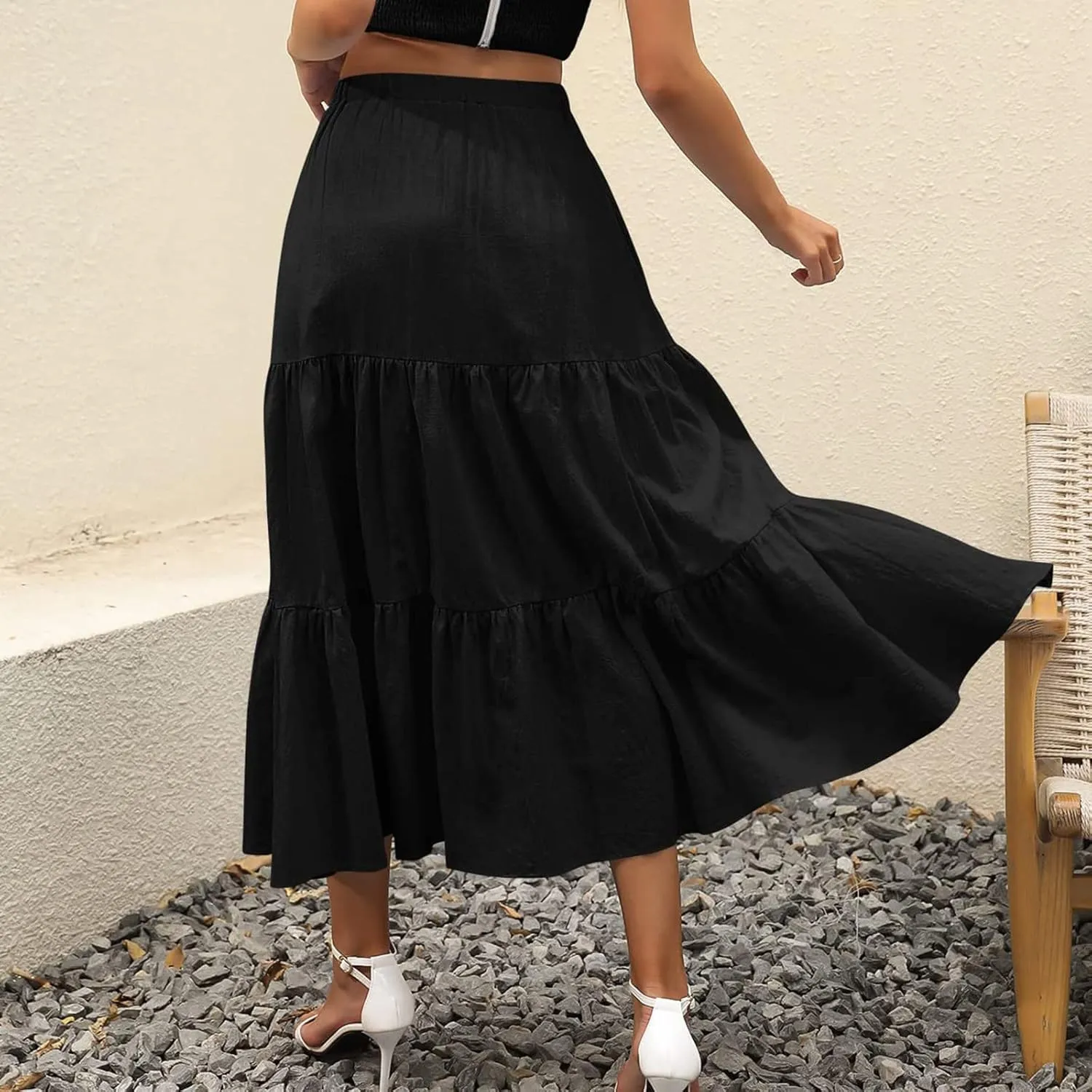 Women's Solid Color Long Skirt Elastic High Waist Pleated Maxi Skirt A Line Flowy Swing Tiered Beach Skirt