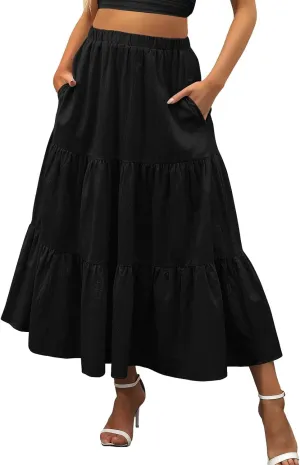 Women's Solid Color Long Skirt Elastic High Waist Pleated Maxi Skirt A Line Flowy Swing Tiered Beach Skirt